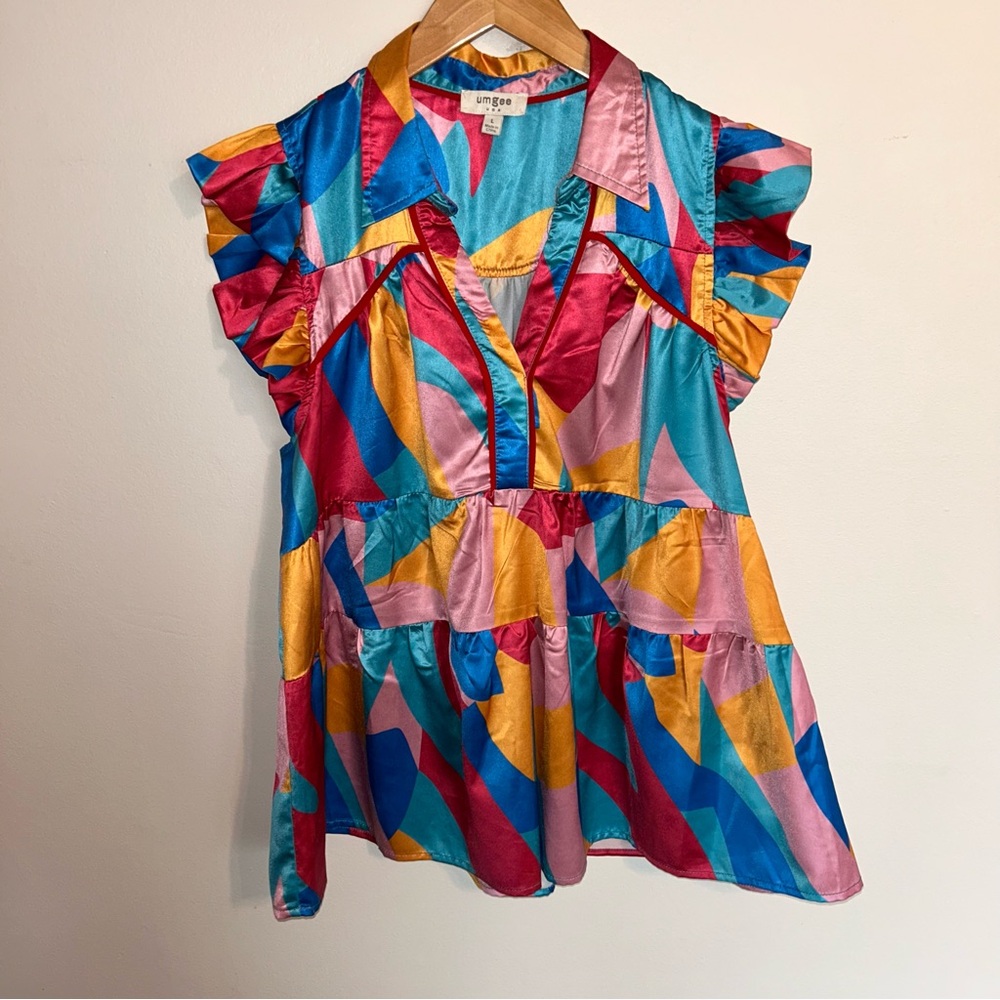 Abstract Colorful Geometric Ruffle Sleeve Top L Large Umgee - Picture 9 of 10
